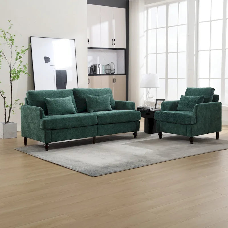 Canapé deux places en chenille avec fauteuil, structure en bois, convient au salon.