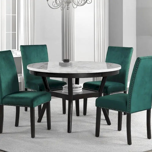 Kate 47 Inch Round Dining Table with Faux Marble Top, White and Brown