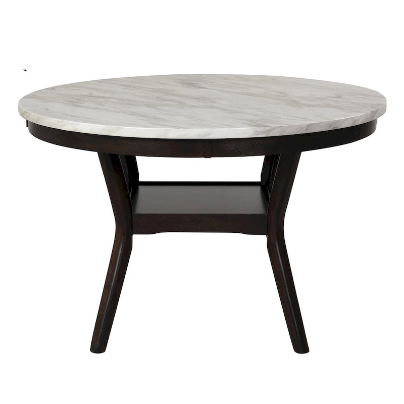 Table de salle à manger ronde de 47 pouces avec un plateau imitation marbre, blanc et marron.