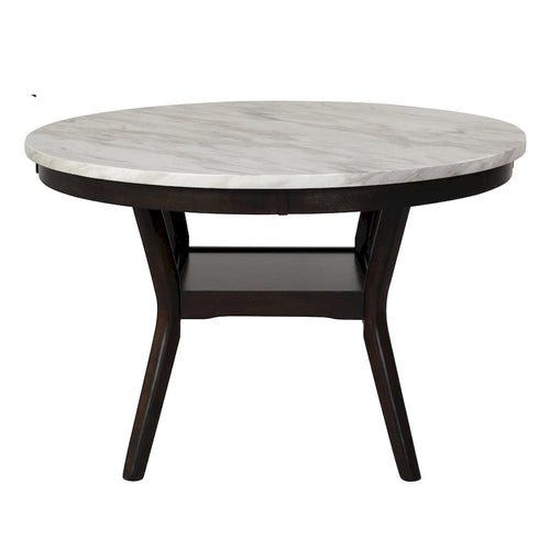 Table de salle à manger ronde de 47 pouces avec un plateau imitation marbre, blanc et marron.