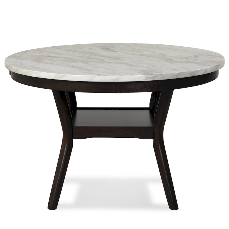 Table de salle à manger ronde de 47 pouces avec un plateau imitation marbre, blanc et marron.