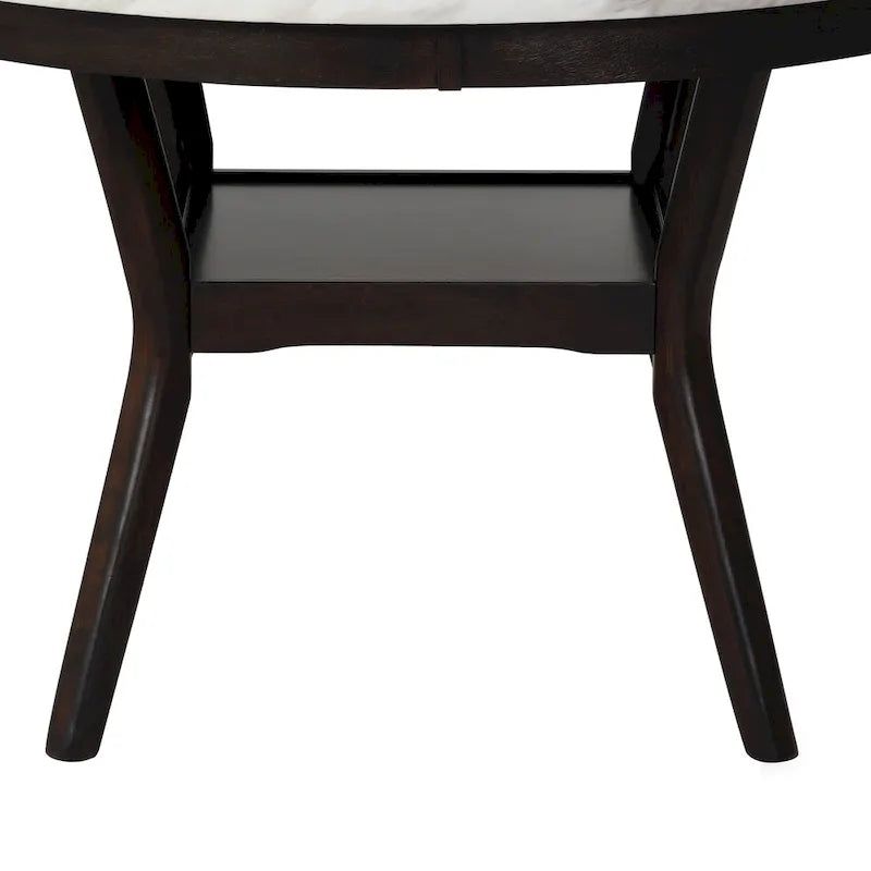 Table de salle à manger ronde de 47 pouces avec un plateau imitation marbre, blanc et marron.