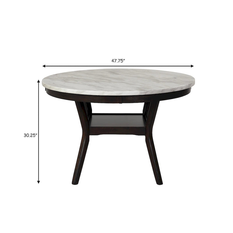 Table de salle à manger ronde de 47 pouces avec un plateau imitation marbre, blanc et marron.