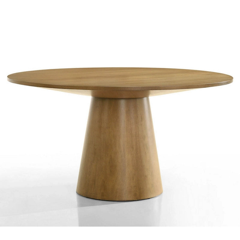 Table à manger de 150 cm, plateau et pied ronds, finition marron.