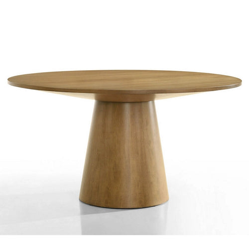 Table à manger de 150 cm, plateau et pied ronds, finition marron.
