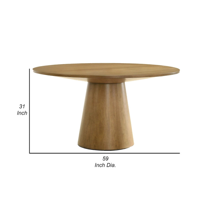 Table à manger de 150 cm, plateau et pied ronds, finition marron.