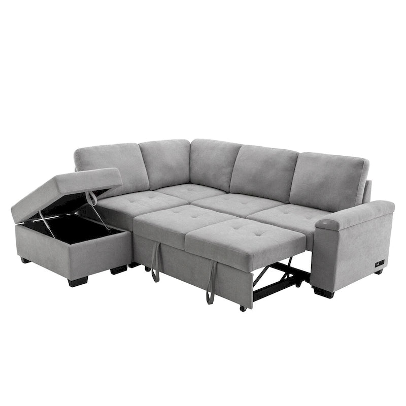 Canapé d'angle convertible en velours avec pouf de rangement et port USB