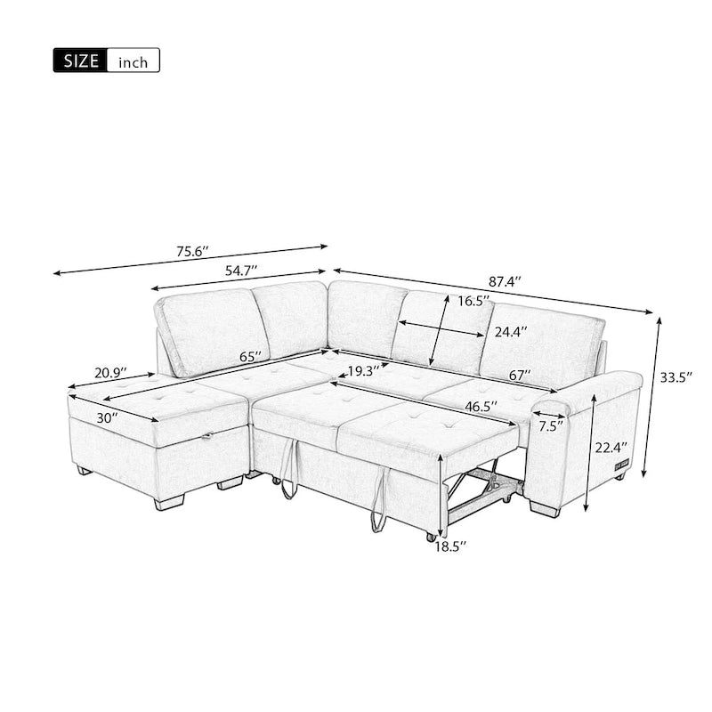 Canapé d'angle convertible en velours avec pouf de rangement et port USB