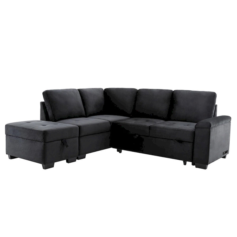 Canapé d'angle convertible en velours avec pouf de rangement et port USB