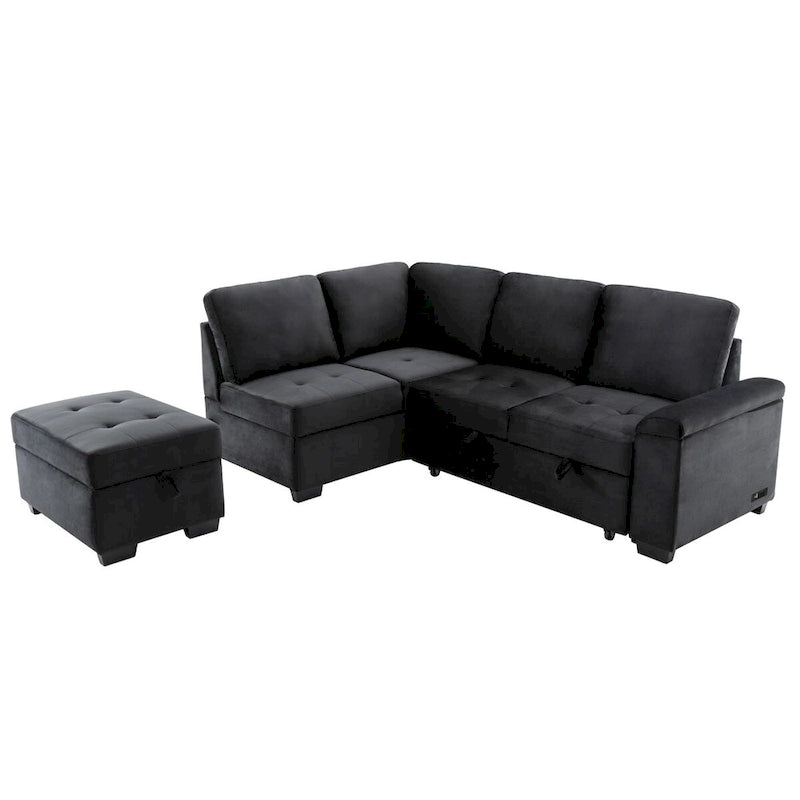 Canapé d'angle convertible en velours avec pouf de rangement et port USB