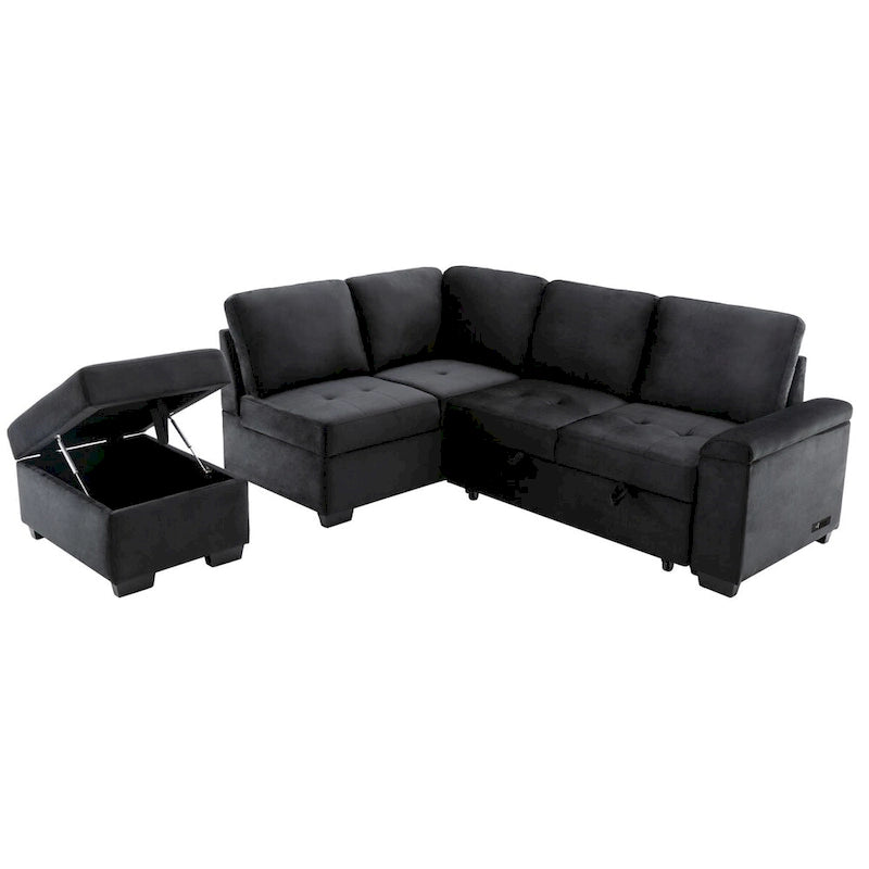 Canapé d'angle convertible en velours avec pouf de rangement et port USB