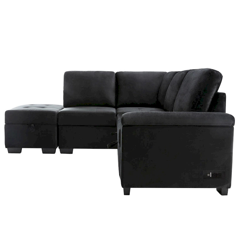 Canapé d'angle convertible en velours avec pouf de rangement et port USB