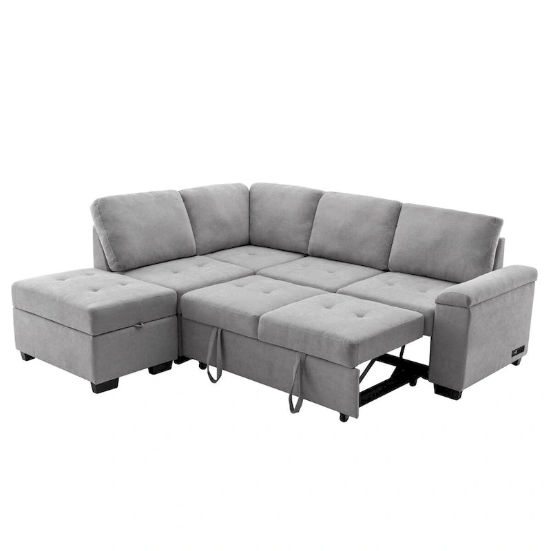 Canapé d'angle convertible en velours avec pouf de rangement et port USB