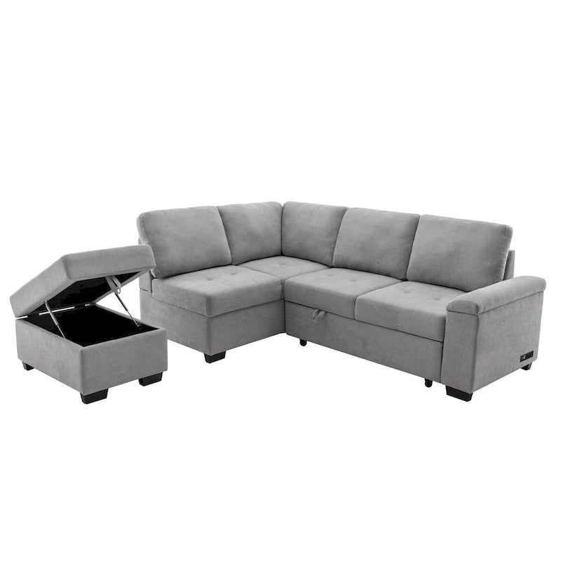 Canapé d'angle convertible en velours avec pouf de rangement et port USB