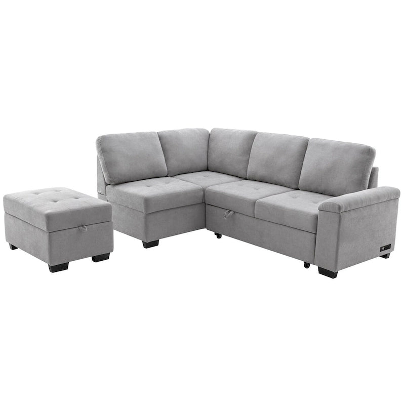 Canapé d'angle convertible en velours avec pouf de rangement et port USB