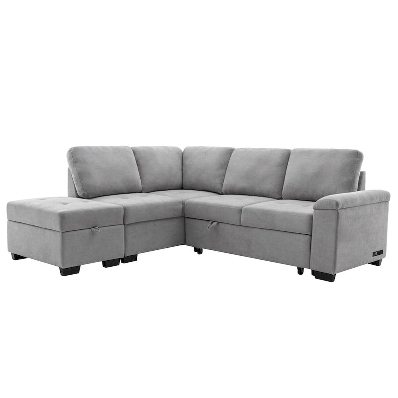 Canapé d'angle convertible en velours avec pouf de rangement et port USB