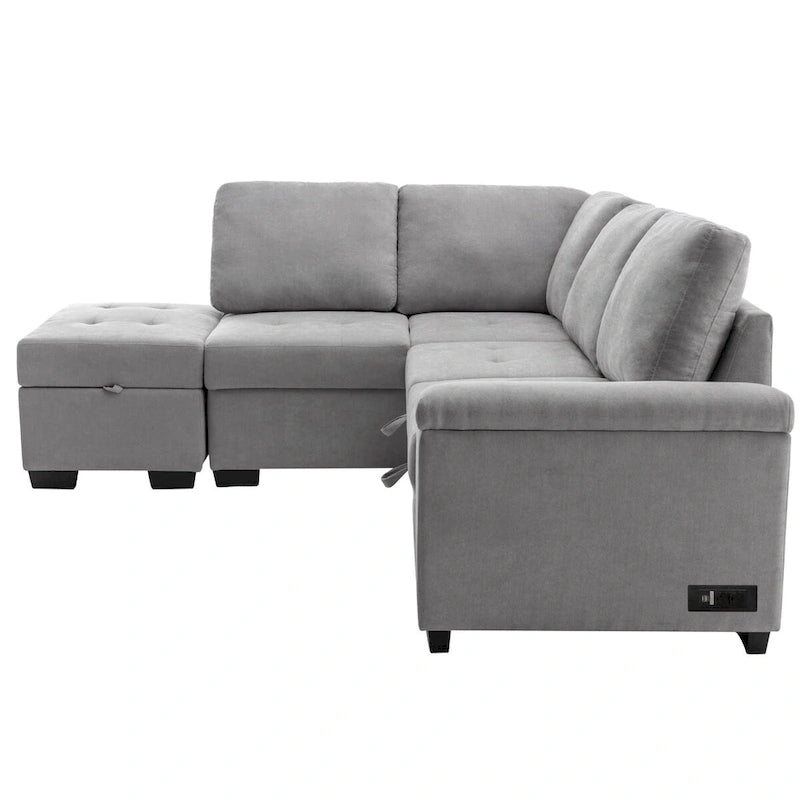 Canapé d'angle convertible en velours avec pouf de rangement et port USB
