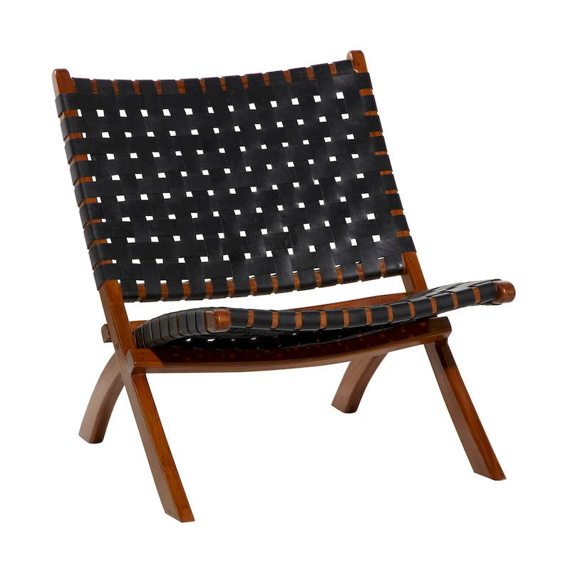 Chaise pliante en cuir tressé, structure en bois brun - noire ou marron
