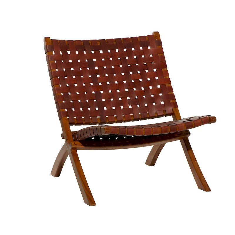 Chaise pliante en cuir tressé, structure en bois brun - noire ou marron