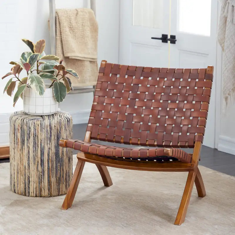 Chaise pliante en cuir tressé, structure en bois brun - noire ou marron