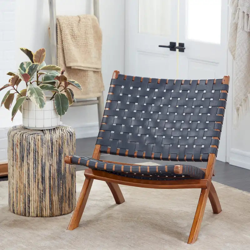 Chaise pliante en cuir tressé, structure en bois brun - noire ou marron