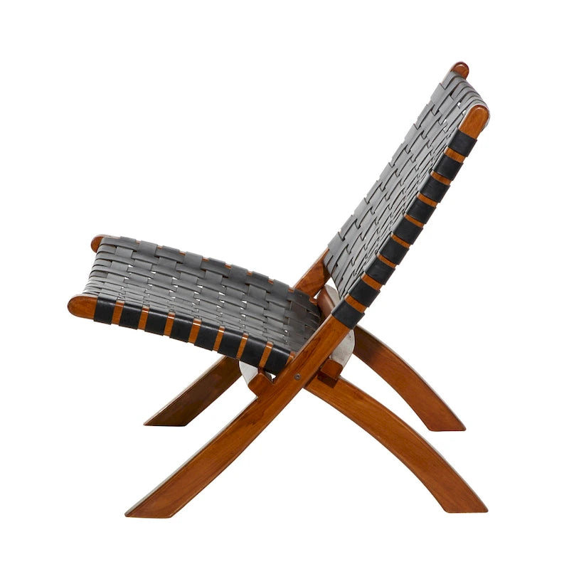 Chaise pliante en cuir tressé, structure en bois brun - noire ou marron