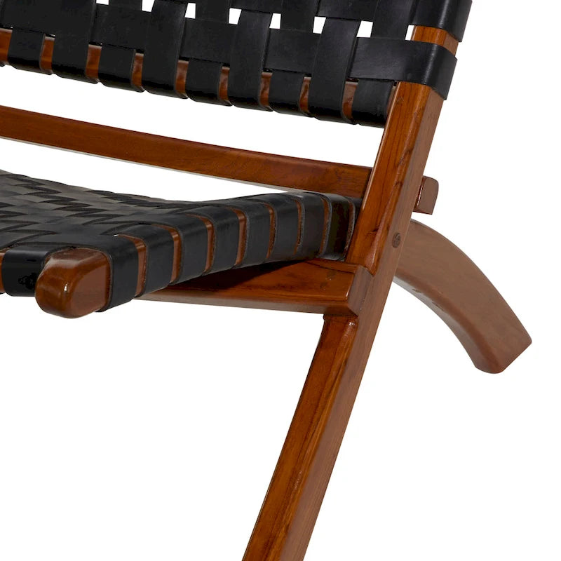Chaise pliante en cuir tressé, structure en bois brun - noire ou marron