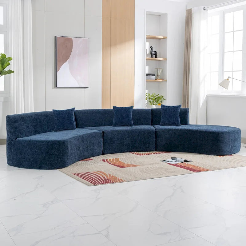Canapé d'angle incurvé élégant de 136 po en tissu chenille avec trois coussins pour le salon,