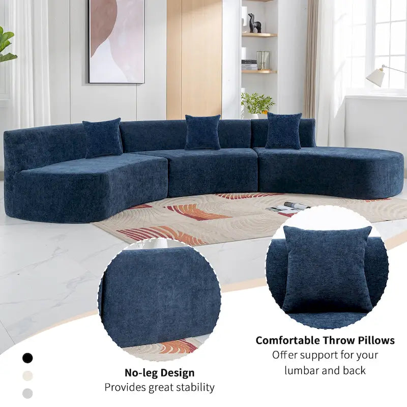 Canapé d'angle incurvé élégant de 136 po en tissu chenille avec trois coussins pour le salon,