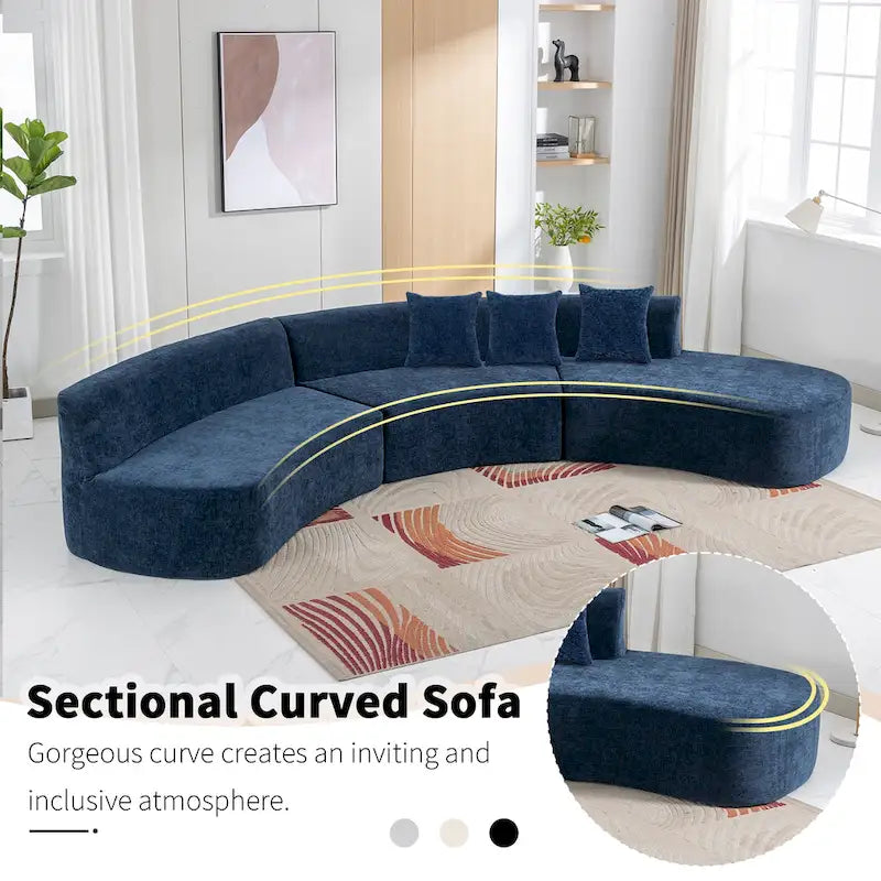 Canapé d'angle incurvé élégant de 136 po en tissu chenille avec trois coussins pour le salon,
