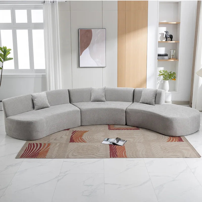 Canapé d'angle incurvé élégant de 136 po en tissu chenille avec trois coussins pour le salon,
