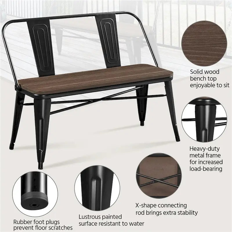 Tabouret de bar en métal, plateau en bois, dossier amovible, noir