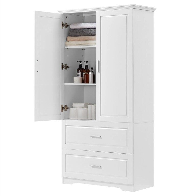 Meuble de rangement de salle de bain avec 2 portes et tiroirs, étagère réglable