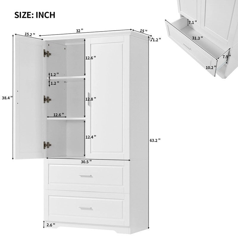 Meuble de rangement de salle de bain avec 2 portes et tiroirs, étagère réglable