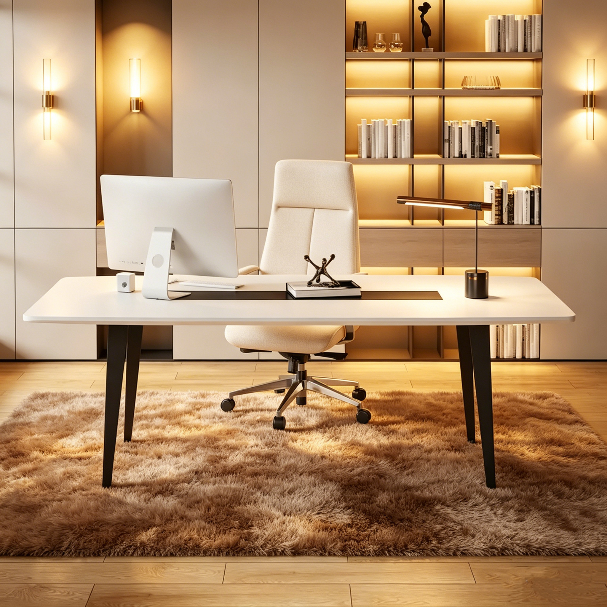 Bureau blanc avec pieds métalliques solides, en forme de bateau
